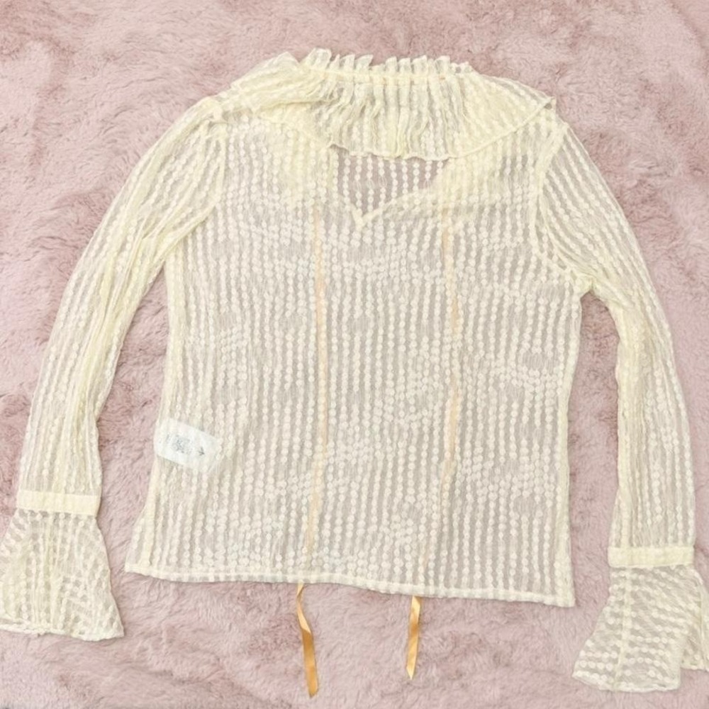 Sheer Lace Coquette Blouse Ivory Mesh Balletcore Ribbon Top‎ Womens S - Picture 5 of 8